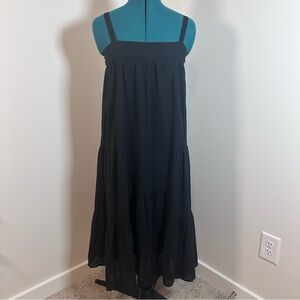 Jenni Kayne Seersucker Summer Dress Flowy Cotton & Linen Black Tiered Size Small